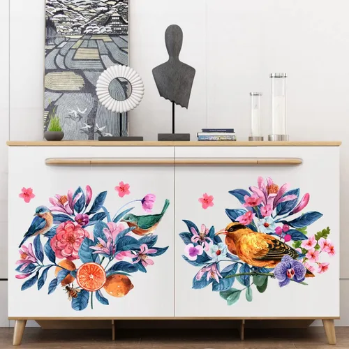 Vista 6 de 3 calcomanías autoadhesivas de pared para asiento de inodoro, diseño floral rosa y morado, diseño de pájaros y flores, para bricolaje, ramo