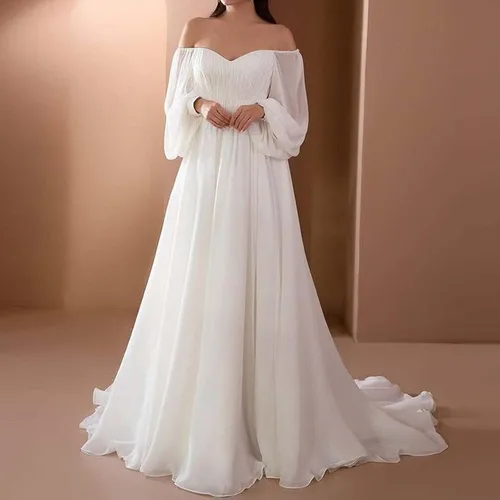 Vista 6 de NaRHbrg Vestido de gasa para mujer con cintura imperio, vestidos de dama de honor con hombros descubiertos, vestido de fiesta hasta el suelo, Verde