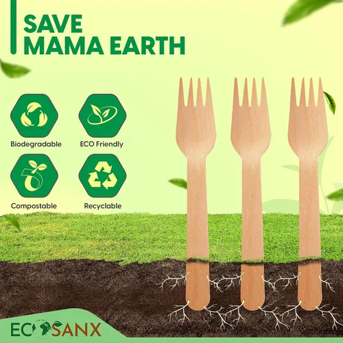 Vista 7 de ECOSANX® 120 piezas de tenedores de madera para comer de 16.5 cm libres de astillas, compostables, juego de cubiertos de madera ecológico