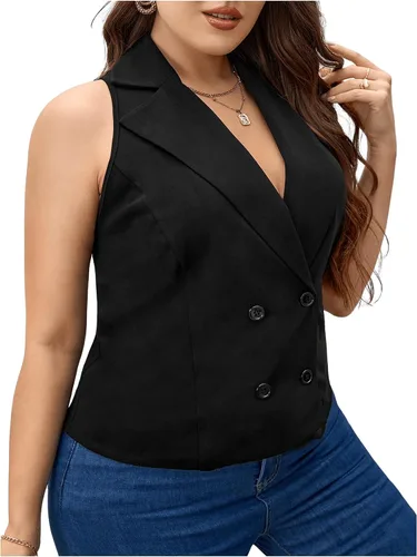 Vista 3 de Floerns Blazer sin mangas con cuello de solapa y botones frontales para mujer