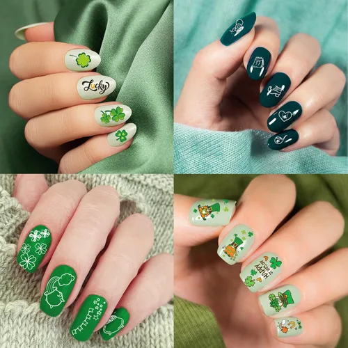 Vista 6 de Whaline Juego de 10 placas de estampado de arte de uñas del día de San Patricio, plantillas de sello de imagen de gnomo de trébol, trébol