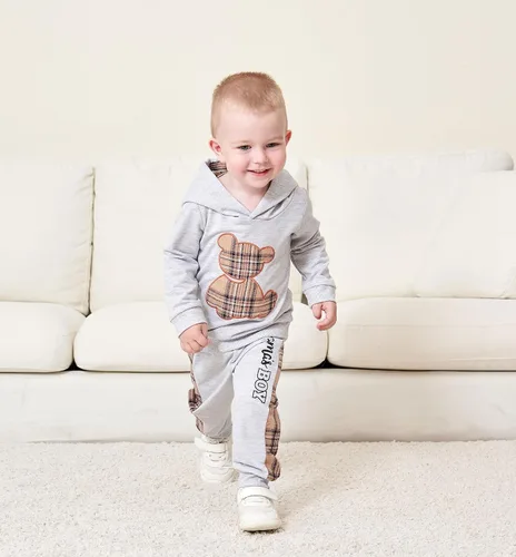 Vista 5 de Ropa de bebé niño a cuadros con capucha de manga larga con capucha y pantalones de retazos, ropa de invierno para niño