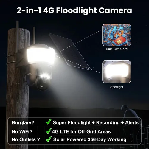 Vista 2 de Cámara de seguridad solar celular 4G LTE inalámbrica para exteriores, cámara de seguridad sin WiFi con potente foco, almacenamiento en la nube