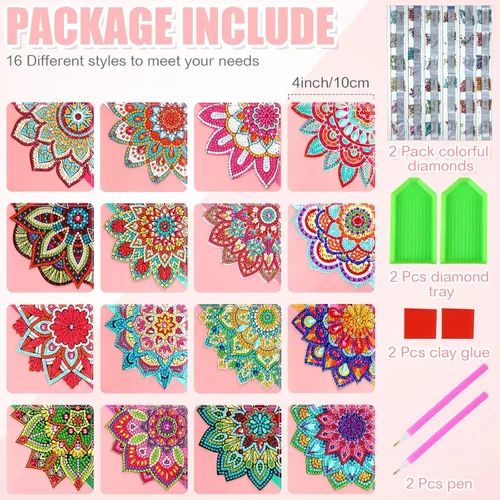 Vista 2 de Tatuo Juego de 16 marcadores de diamantes para adultos, pintura de diamante, marcapáginas de esquina con mandala, kits de arte de diamantes