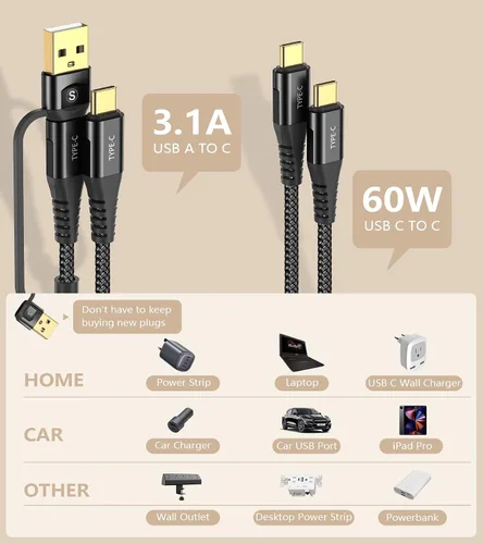 Vista 3 de Cable USB C a USB C de 6.6 pies PD 60 W iPhone 16 cargador 2 en 1 USB tipo A/C a tipo C cable trenzado de nailon para iPhone 15 16 Plus Pro Max iPad
