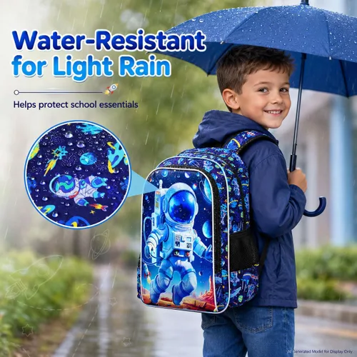 Vista 3 de gxtvo Mochila para niños de 3 piezas, 16 pulgadas con lonchera, resistente al agua, para preescolar, Astronauta Cohete Azul, Tamaño único, Impresión