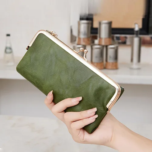 Vista 5 de GOIACII Cartera de mujer con cierre de beso, cartera larga con cremallera, con tarjetero compacto vintage para damas, A01 verde , medio, Classic