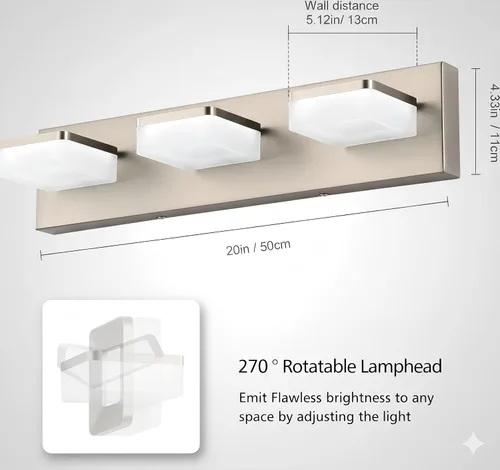 Vista 3 de Luces de Tocador de Níquel Cepillado para Baño - Lámpara de Tocador de 3 Luces - Apliques de Pared LED Regulables - Luz Diurna 5500K - Elegantes