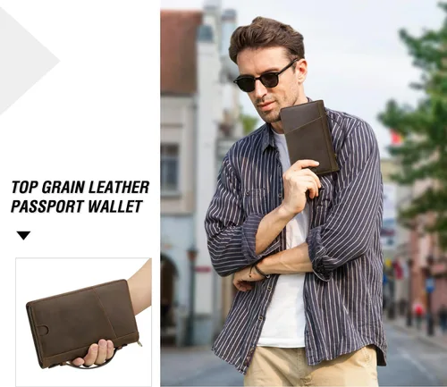 Vista 3 de Funda de cuero de grano superior para pasaporte de viaje para hombre y mujer, hecha a mano para 4 pasaportes y múltiples tarjetas, bloqueo RFID