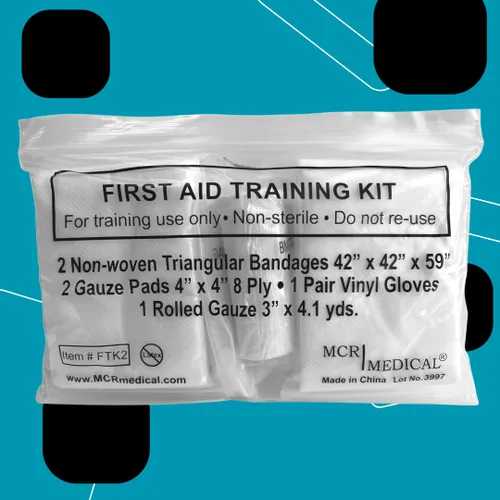 Vista 6 de Kit de entrenamiento de primeros auxilios con rodillo de gasa con almohadillas de gasa y vendajes triangulares y guantes, paquete de 10 MCR Medical