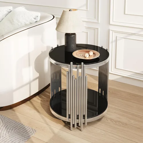Vista 11 de Mesa auxiliar redonda de vidrio de 20 pulgadas, mesa auxiliar circular dorada de 2 niveles con patas de acero inoxidable y vidrio templado negro