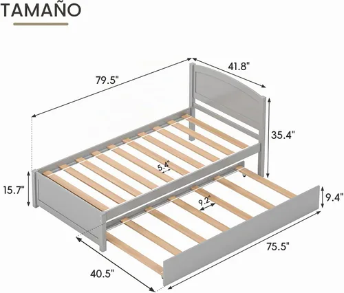 Vista 2 de Cama nido individual, marco de cama extraíble de madera maciza, cama de día extensible con cabecera y soporte de listones de madera sólida Gris