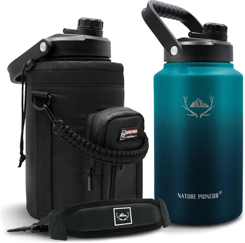 Vista 11 de NATURE PIONEOR Botella de agua aislada de 84 onzas, jarra de agua de acero inoxidable con doble vacío con soporte/portador, boca ancha, deportes al