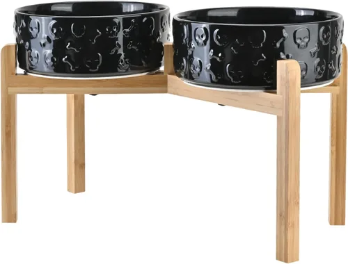 Vista 49 de SPUNKYJUNKY Cuencos elevados de cerámica para perros, 5.1 pulgadas, para comida de perros y gatos, cuencos elevados con soporte de bambú Verde oscuro