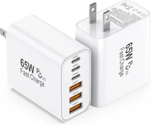 Vista 7 de Bloque de Cargador USB C, Paquete de 2 Cargadores de Pared USB C de 65W con 6 Puertos, Cargador de Pared para iPhone, Adaptador de Corriente PD+QC