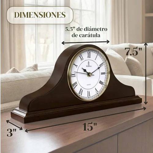 Vista 4 de Reloj de Repisa a Batería - Reloj de Repisa de Madera - 15x7.5 pulgadas - Silencioso, Hecho de Madera Real y Fácil de Leer - para Decoración de Sala