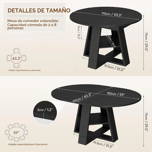 Vista 2 de Aivermel Mesa de comedor ovalada extensible de 43.3 a 59 pulgadas para 4-6, mesa de comedor redonda de madera de ingeniería con almacenamiento