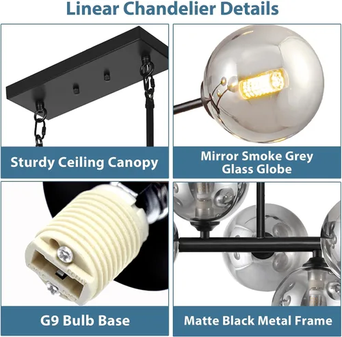 Vista 4 de Candelabro lineal negro Sputnik de 70 pulgadas, lámpara de comedor con 22 luces, globo de vidrio, lámpara lineal ahumada para granja, sala de estar