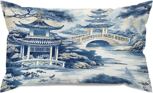 Vista 29 de Chinoiserie - Fundas de almohada decorativas de porcelana azul y blanca con patrón de edificios de estilo chino de 12 x 20 pulgadas, fundas de cojín