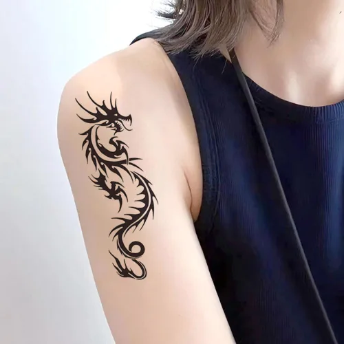 Vista 2 de 6 hojas de tatuajes temporales de tatuajes de garra de dragón volador negro, tótem y brazo, tatuajes falsos que se ven reales y duran mucho tiempo