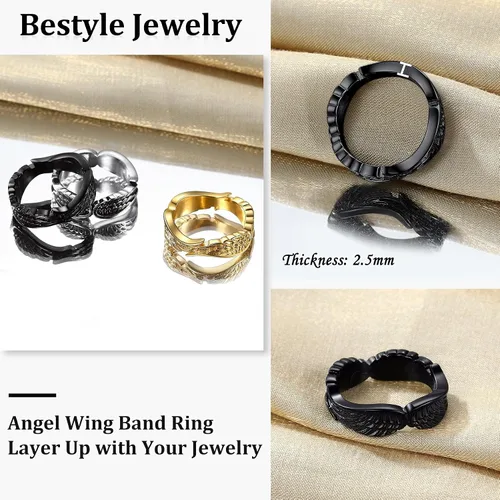 Vista 7 de Bestyle Anillos de ala de ángel antiguos para mujeres y hombres, anillos de banda de plumas de guardián, anillos de promesa de pareja