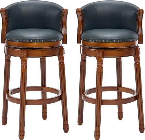 Vista 9 de CozyRain Taburetes de bar de madera de goma, taburete de bar tapizado de cuero con respaldo y reposapiés para el hogar, cocina, mostrador, comedor