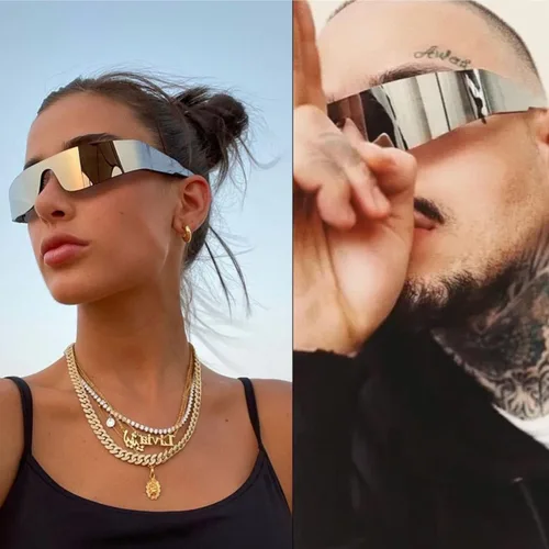 Vista 5 de Crazy Feng Gafas de sol envolventes futuristas sin montura para mujeres y hombres, gafas de sol Cyberpunk con visera