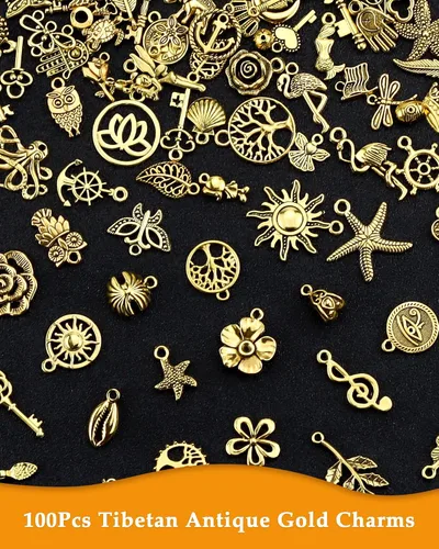 Vista 3 de JIALEEY 100 piezas al por mayor de lotes a granel de oro mezclados tibetanos antiguos colgantes de oro DIY para pulseras, collares, joyería