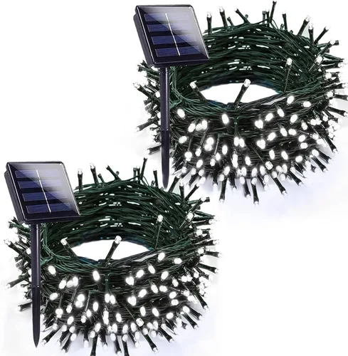 Vista 11 de Paquete de 2 luces solares de Navidad multicolor para exteriores, impermeables, 200 LED de 66 pies, cable verde con 8 modos, luces solares de hadas
