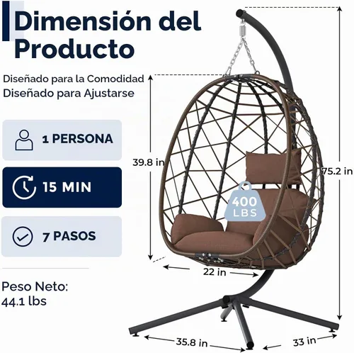 Vista 2 de SWITTE Silla colgante con soporte para exteriores, columpio de mimbre para Marrón