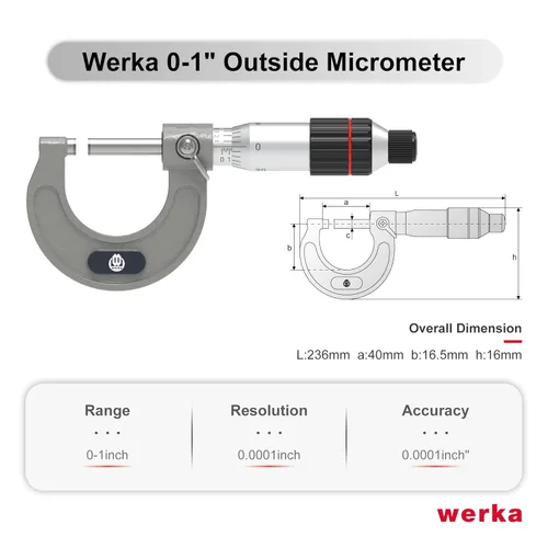 Vista 2 de Werka Micrómetro exterior profesional, rango de 0-1 pulgada con graduaciones de 0.0001 pulgadas, herramienta de medición de precisión con tope