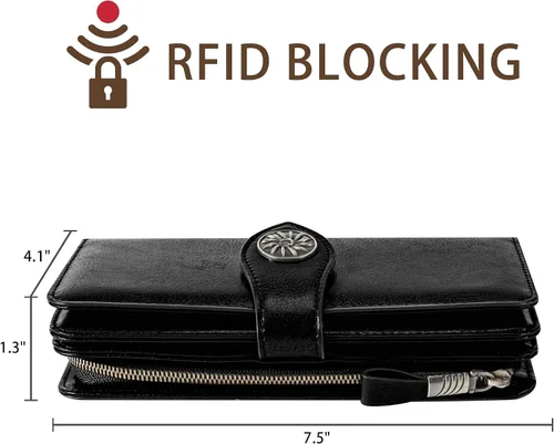 Vista 4 de Travelambo Cartera de mujer con bloqueo RFID para tarjetas de crédito, cartera de cuero de gran capacidad
