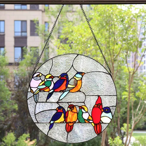 Vista 3 de Bieye W10051 Tropical Birds Tiffany Style - Panel de ventana para decoración del hogar, forma redonda, 16 pulgadas de ancho