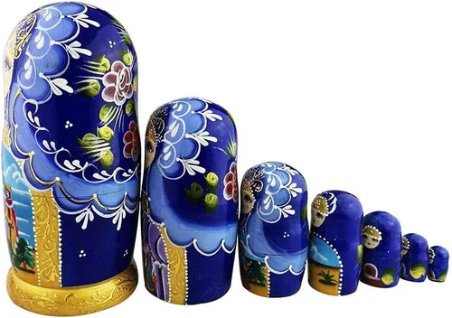 Vista 2 de Winterworm Hermoso patrón azul y dorado de cuento de hadas hecho a mano de madera tradicional rusa muñecas de anidación Matryoshka Set de 7 piezas