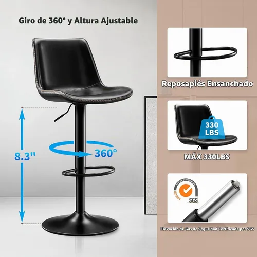 Vista 7 de STOOLINK Taburete de Bar Moderno Extra Grande con Asiento de Cuero de Microfibra - Altura Ajustable, Ergonómico de Servicio Pesado, Conjunto de Negro