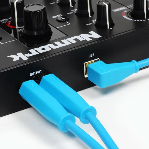 Vista 2 de DJ TechTools Chroma Cables Cable USB-A a USB-B en ángulo recto 4.9 ft / 5 pies Audio optimizado Blindado de interferencias Sujetacables Azul