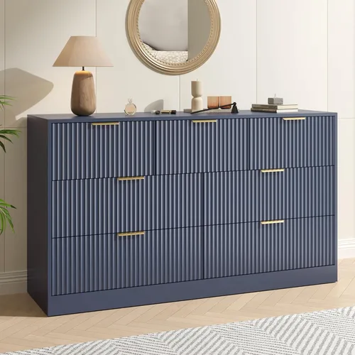 Vista 18 de Cómoda negra con 6 cajones profundos, cómoda acanalada de 55" de ancho para dormitorio con tirador dorado, cómoda moderna para armario, dormitorio