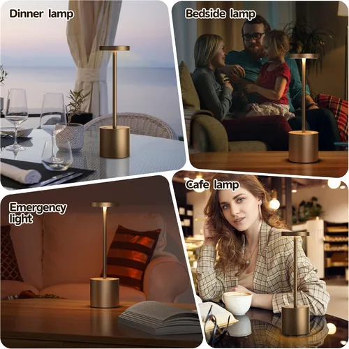 Vista 3 de Pack de 2 lámparas de mesa inalámbricas, lámpara de escritorio recargable con batería LED de 5000 mAh, metálica, USB, portátil, lámpara de mesa
