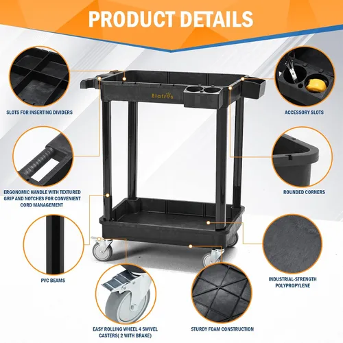 Vista 3 de ELAFROS Carrito Utilitario de 2 Estantes para Trabajo Pesado, 28 x 19 pulgadas, capacidad de 330 libras, plástico industrial, ruedas giratorias