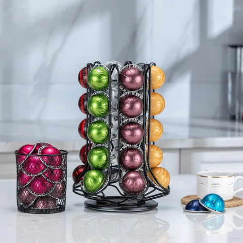 Vista 4 de FlagShip Soporte para cápsulas Nespresso, carrusel de cápsulas de café para almacenamiento de cápsulas Vertuo con cesta adicional de rodamiento
