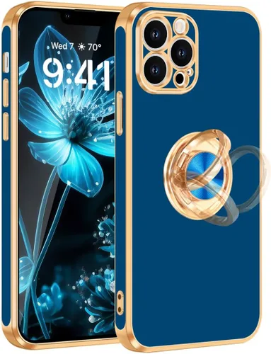 Vista 9 de Fingic - Funda para iPhone 13 Pro Max con soporte giratorio de 360° Shiny Gold Edge Slim Soft TPU Shockproof Protective Phone Case for Women Men