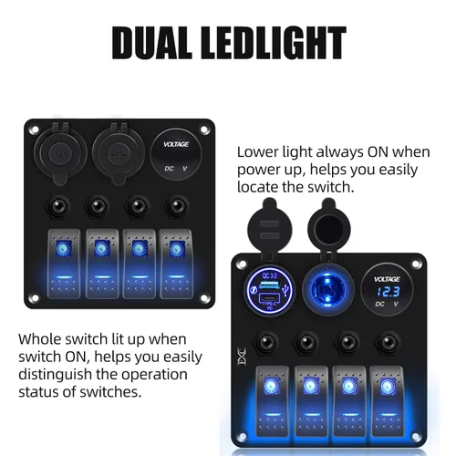 Vista 3 de FXC Panel de interruptor basculante azul de barco marino impermeable de 4 vías con enchufe USB QC3.0 y ranura tipo C + encendedor de cigarrillos +