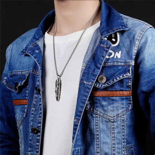 Vista 3 de PAURO Collar de cadena con colgante cilíndrico de acero inoxidable con espada, doble dragón abierto