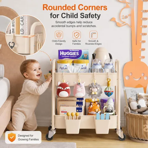Vista 6 de Carrito pequeño de 2 niveles beige con ruedas, carrito de pañales para artículos esenciales para el cuarto de bebé, carrito de metal para debajo