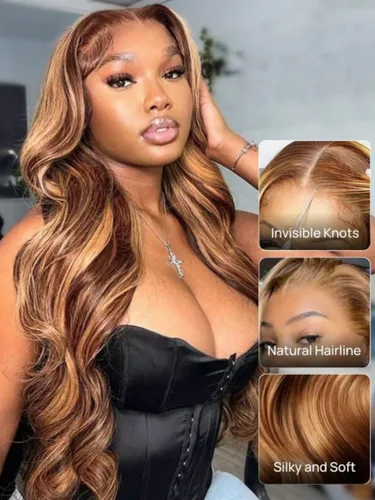 Vista 3 de KLAIYI Bye Bye Knots Peluca Sin Pegamento Ombre Highlight Rubio Body Wave Precortada 7x5 Encaje Frontal Pelucas Cabello Humano Pre Plucked Body Wave