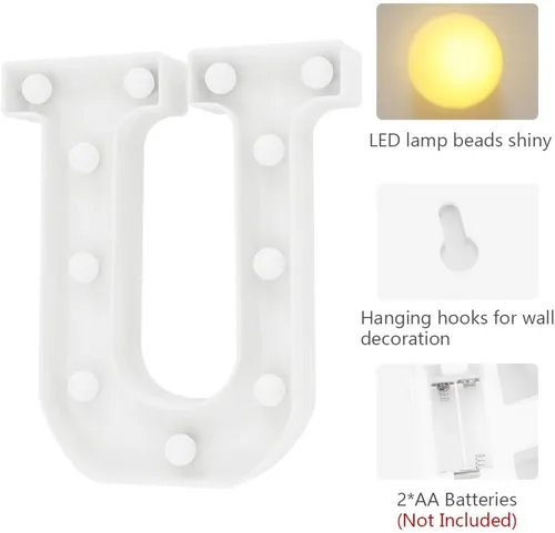 Vista 2 de Hoosmoon Letras personalizables de neón U, grande, blanco, plástico, retro, mesa, luces LED, señalización decorativa, decoración versátil
