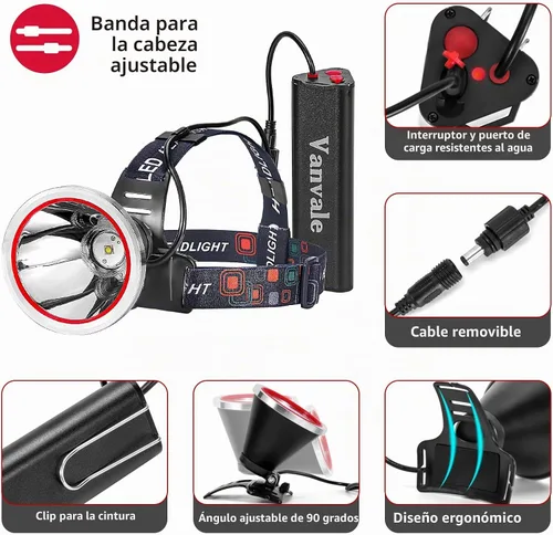 Vista 2 de Linterna frontal LED recargable de alta potencia, IPX4 impermeable con cargador, lámpara de caza de larga duración para correr, pesca, campamento