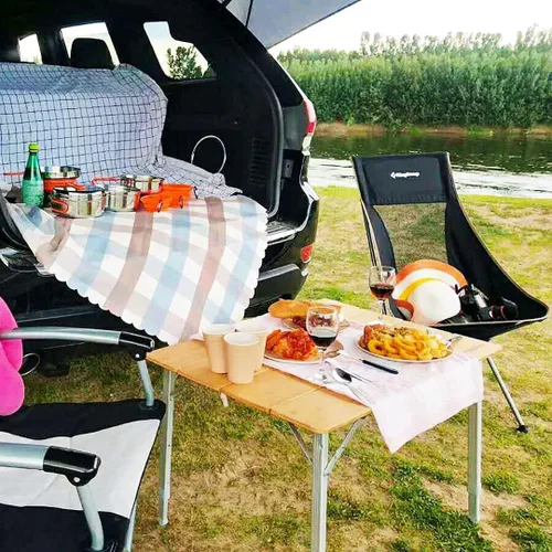 Vista 2 de KingCamp Mesa de Bambú Plegable Mesa de Camping Ecológica con Patas de Aluminio de Altura Ajustable Resistente 4 Pliegues Mesas de Campamento
