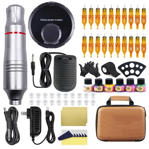 Vista 7 de Rotary Tattoo Pen Kit - Tattoo Machine Set with Adjustable Power Supply, 20 Cartridge Needles, 6 Inks, Foot Pedal, Practice Skins and Storage Case