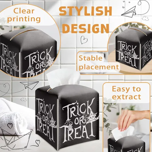 Vista 7 de Soporte para caja de pañuelos de Halloween con tapa cuadrada de cuero negro, organizador de papel facial, dispensador de papel higiénico para baño